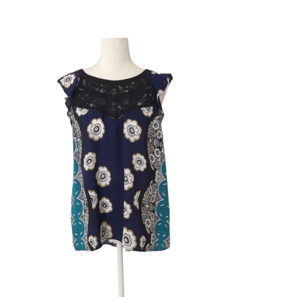 Express Floral Blue Short Sleeve Blouse Top Size Large